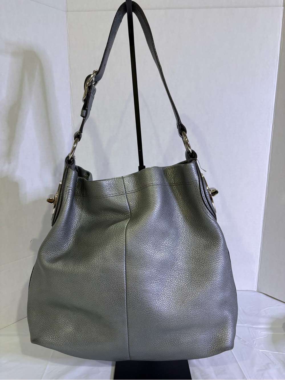 Coach Dark Gray / Silver Pebbled Leather Shoulder Bag, Excellent Condition